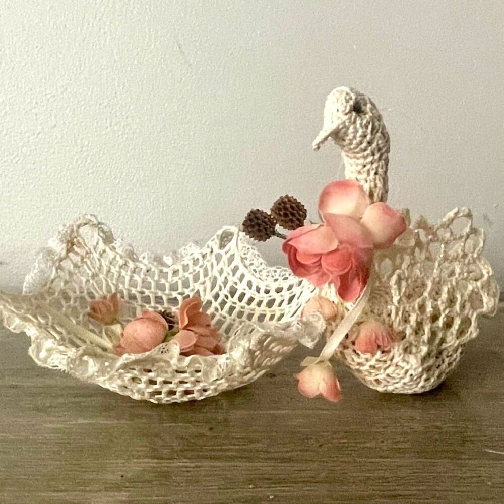 Vintage Crochet Swan & 7” Starched Lace Bowl Handmade Floral Cottagecore Decor